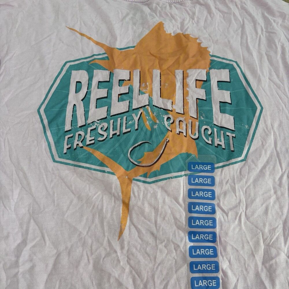 NWT Reel Life Ocean Wash T-Shirt Freshly Caught Mens Sz L Fishing Cotton Stretch